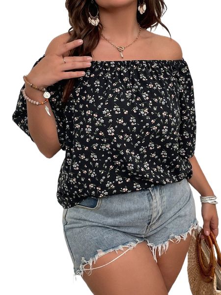 

plus ditsy floral off shoulder blouse 89e5#, Black