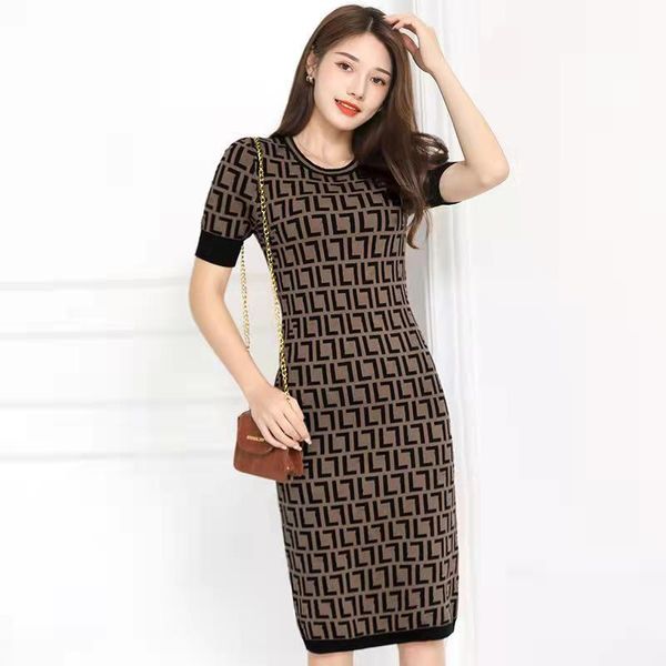 Moda Feminina Vestido Camisola Manga Curta Outwears de Verão Para Senhora Vestidos Magros Malha Letras Clássico Saias Fofas