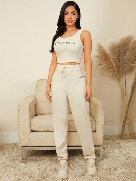 

letter graphic crop tank & tie front pants pj set c148#, Black;red