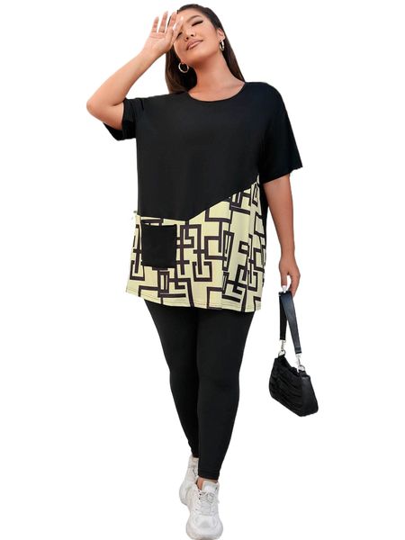 

plus colorblock drop shoulder tee & leggings t8yd#, Black
