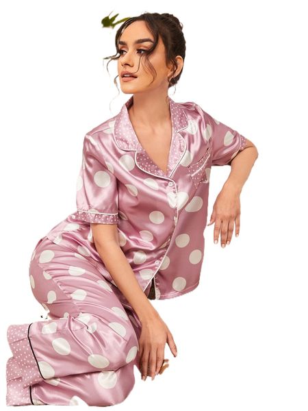 

polka dot print contrast binding satin blouse & pants pj set t1aa#, Black;red