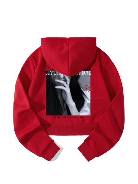 

figure & slogan print drawstring hoodie a6ri#, Black