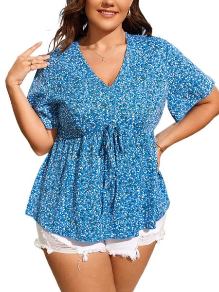 

plus ditsy floral knot peplum blouse m4z2#, Black