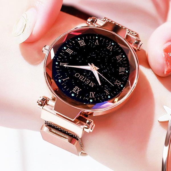 Personalidade Romântica Relógios estrelados Sky Women Aço Mesh Belt Gartz Watch Magnet Buckle Moda Rhinestone Ladies Reloj