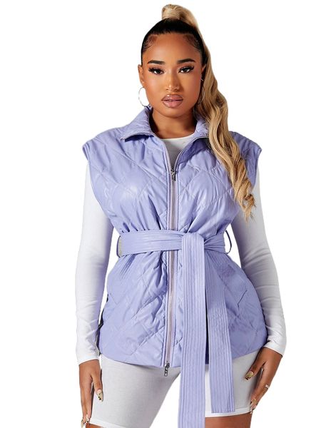 

zip up self belted vest winter coat y6i7#, Black