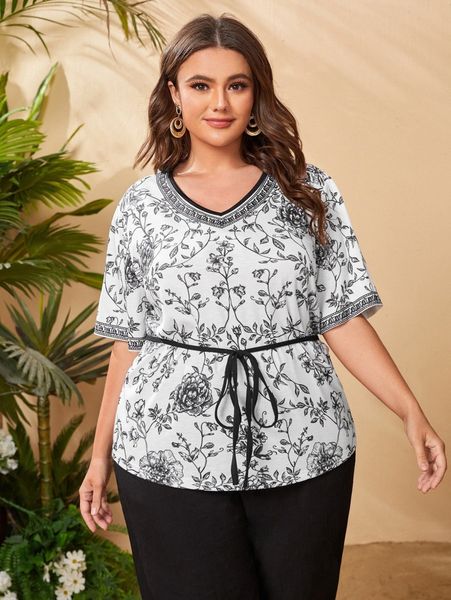 

plus floral print v neck tie front tee d1o2#, Black