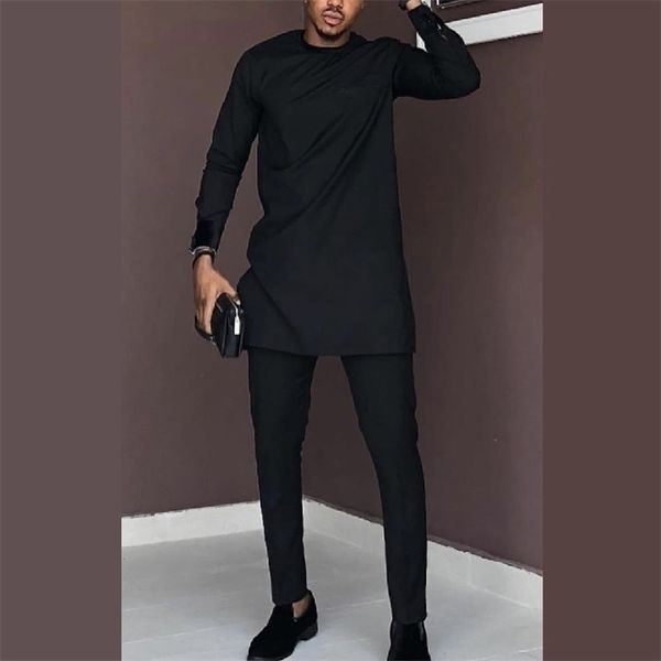 

man shirts matching pants african fashion solid black trousers custom made men's outfits african pant set party clothes 201128, Gray