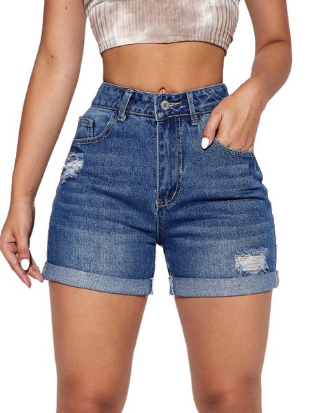 

zipper fly ripped detail cuffed hem denim shorts 37zy#, White;black