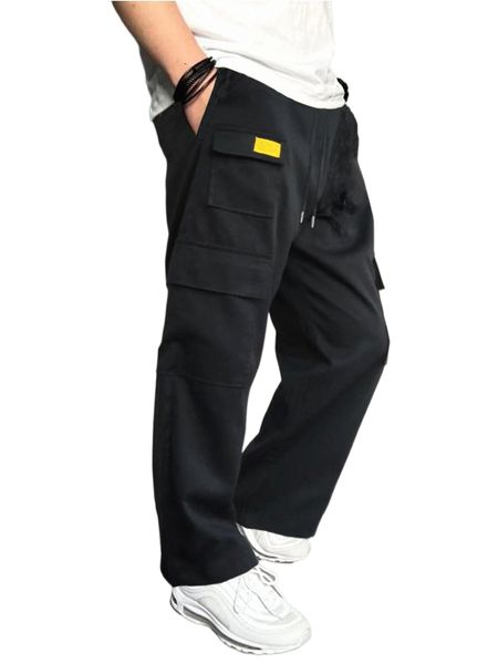 

men drawstring waist flap pocket cargo pants b8mn#, Black