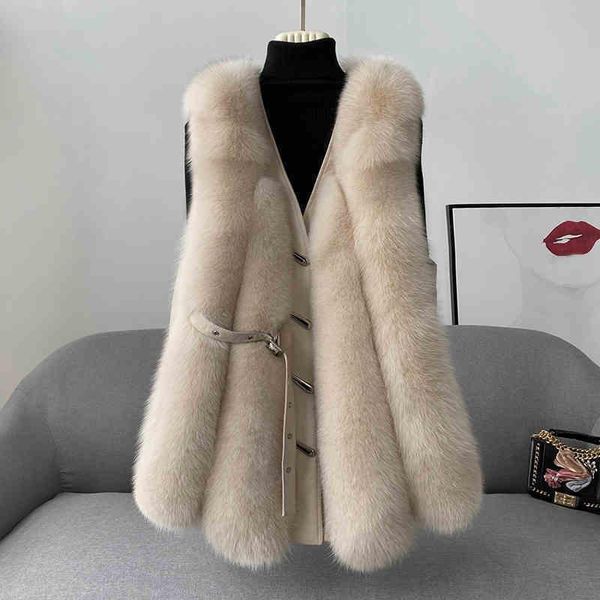 Ful feminino Faux Spring Autumn e Winter Ladies Vest Jacket Full Girl Midn Length Real Haircoat Moda de couro quente Vestwomen