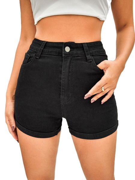 

slant pocket roll hem denim shorts 85sd#, White;black