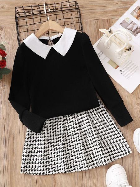 

girls peter pan collar tee & houndstooth pleated skirt she, White