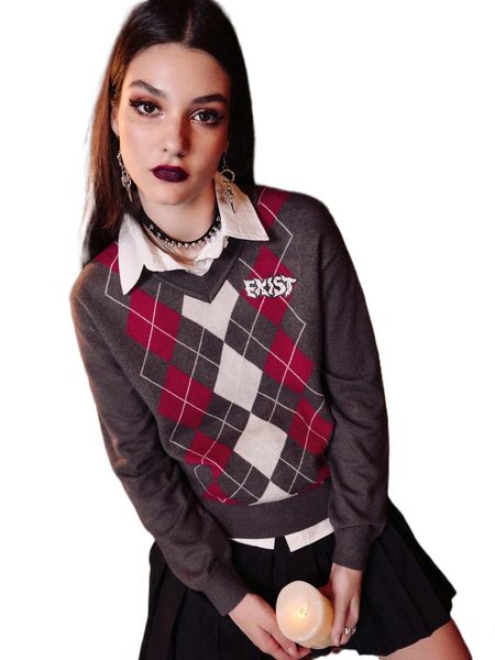 

romwe dark academia letter argyle pattern sweater a9ep#, White;black