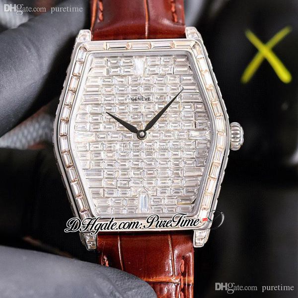 

twf malte paved baguette diamonds dial a21j automatic mens watch iced out diamond bezel brown leather strap super edition jewelry watches pu, Slivery;brown