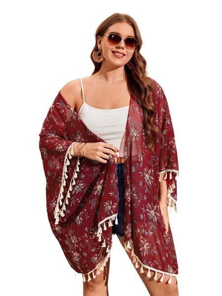 

plus floral print tassel trim kimono s4ny#, Black;gray
