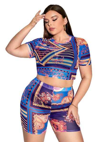 

plus scarf & baroque print & biker shorts w1be#, Black