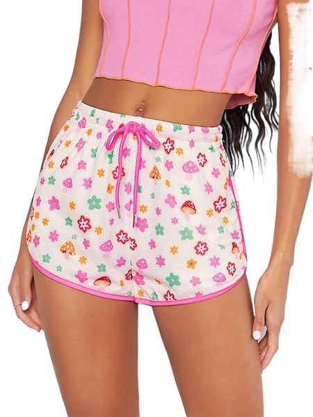

mushroom & floral print drawstring waist shorts 26kx#, White;black