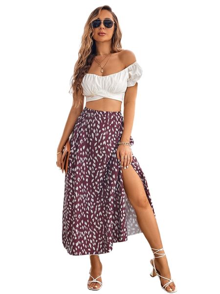 

allover print split thigh skirt a7ll#, Black