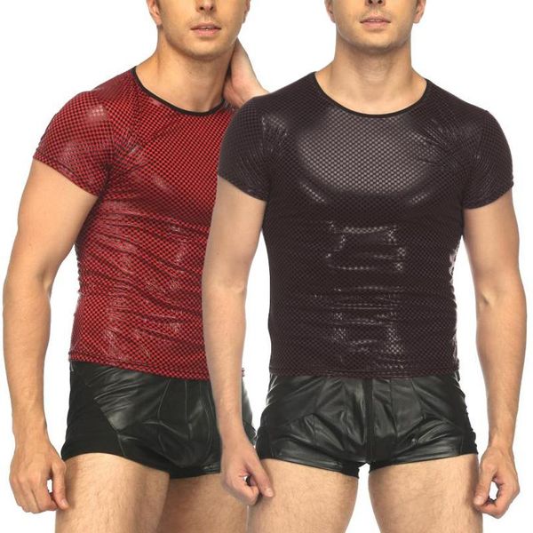 Männer T-Shirts Männer Sexy Patent Leder Einfarbig Nachtclub Bühne Leistung T-Shirt Tops Faux Plaid Erotische Männliche KleidungMen's