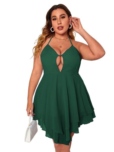 

plus size dresses cut out front halter neck backless layered hem dress 57x4#, Black