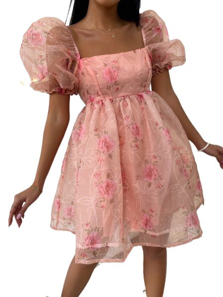 

floral print puff sleeve organza dress g82y#, Black;gray