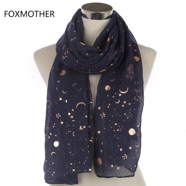 Fashion Navy Star Moon Foil Gold Scondf for Womens Chirstmas Gifts