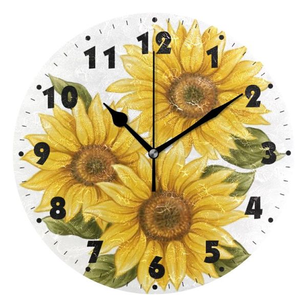 Relojes de pared Girasol Reloj silencioso Redondo Funciona con pilas Sin tictac Escritorio silencioso Decoración para el hogar Reloj colgante para sala de estar DormitorioRelojes de pared