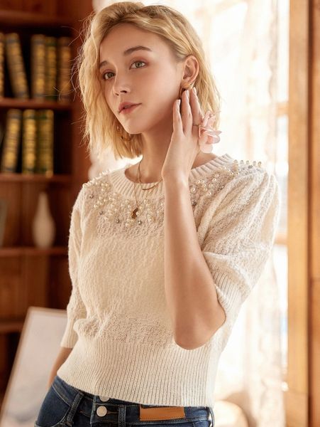 

knit mix pearls beaded puff sleeve knit x12e#, White;black