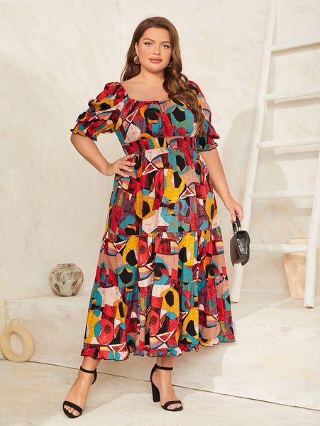

plus geo print shirred waist puff sleeve ruffle hem dress o1vy#, Black