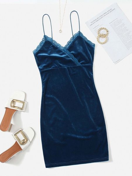 

lace trim velvet cami dress i7ko#, Black;gray