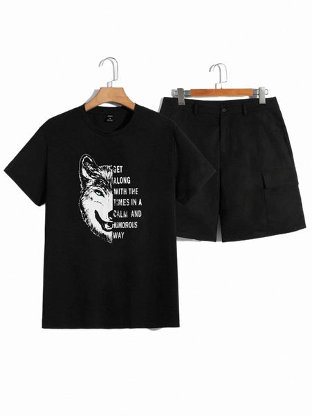 

men slogan & wolf print tee & cargo shorts l1bn#, Gray