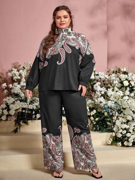 

plus paisley print high neck & wide leg pants set x6w7#, Black