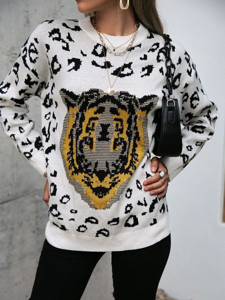 

simplee tiger & leopard pattern sweater e6vr#, White;black