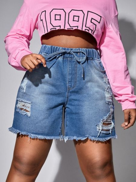 

plus tie waist ripped raw hem denim shorts p86r#, White;black