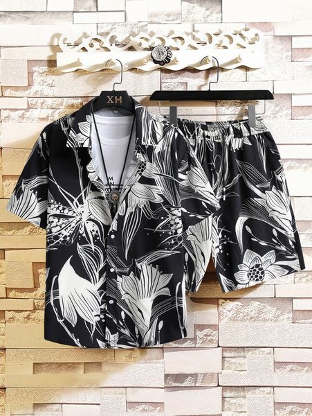 

men random floral print shirt & drawstring waist shorts v3bc#, Gray