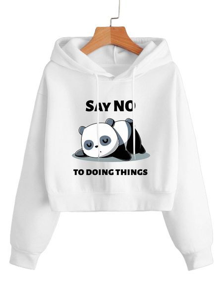 

slogan & panda print drop shoulder drawstring thermal hoodie o6nl#, Black