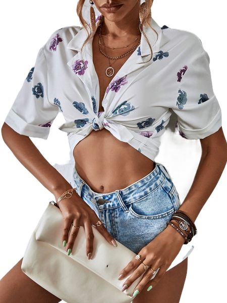 

floral print roll up sleeve blouse s2sr#, White