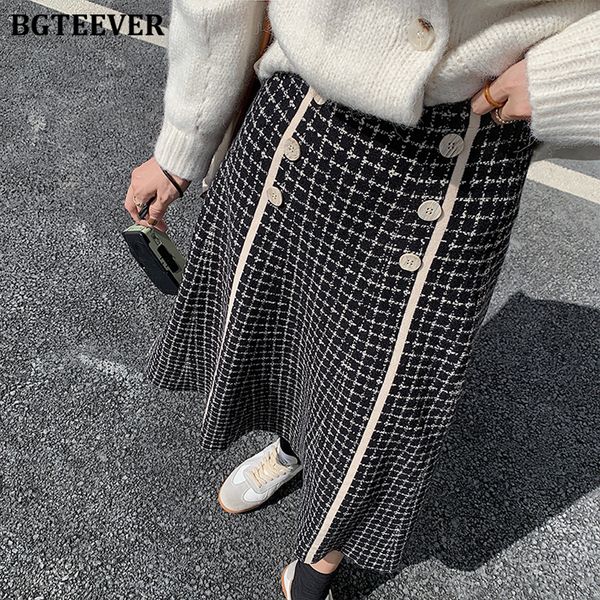 

vintage double breasted plaid women knitted skirts winter elegant loose elastic waist female a-line skirts 2022, Black