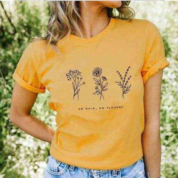 No Rain No Flowers T-shirt Mulheres de moda engraçada Tops Tees Summer Roupfits Tam camiseta L220628