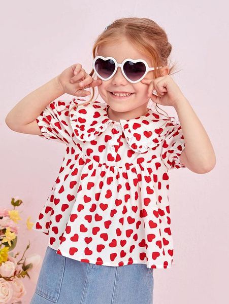 

toddler girls allover heart print statement collar puff sleeve blouse she, White;black