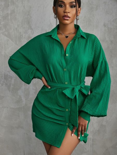 

sxy drop shoulder belted shirt dress 48yo#, Black;gray