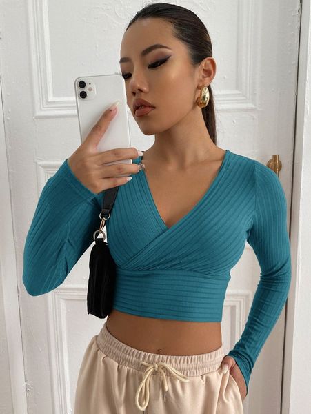 

surplice neck rib-knit crop tee m54r#, White