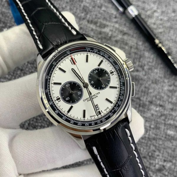 

quality right n hand men premier 42mm silver dial rubber belt watch quartz chronograph leather strap floding clasp mens dress on wrist, Slivery;brown