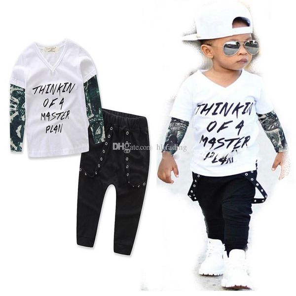 

ins children outfits boys cotton letter pants 2pcs/set baby suits styles, White