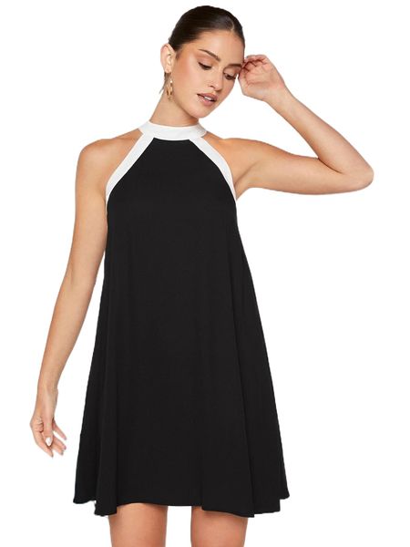 

contrast trim tie back halter dress c1bc#, Black;gray