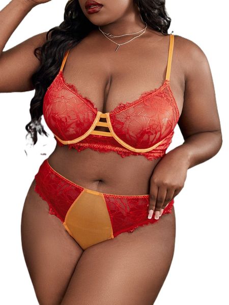 

plus floral lace colorblock cut out underwire lingerie set d5vy#, Black;white
