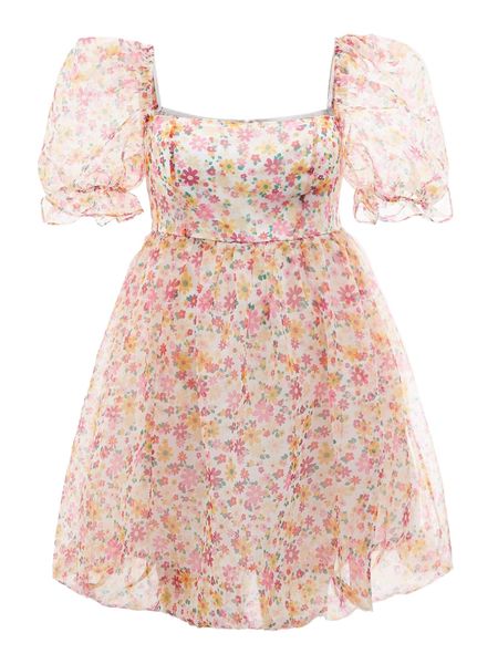 

plus allover floral print square neck puff sleeve organza dress d6fy#, Black