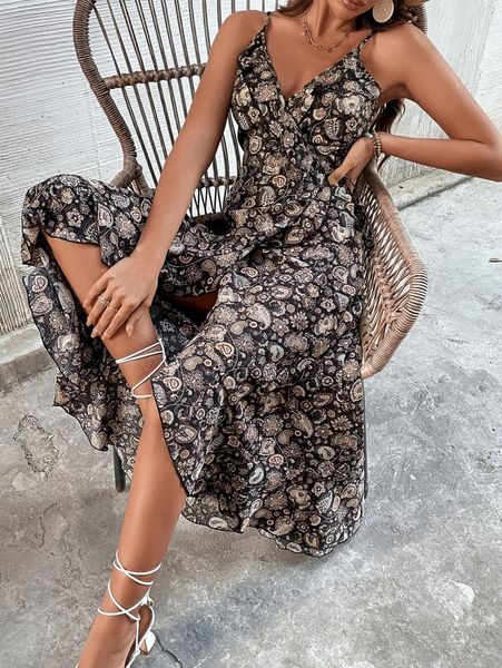 

floral & paisley print ruffle trim wrap knot side cami dress v0w8#, Black;gray