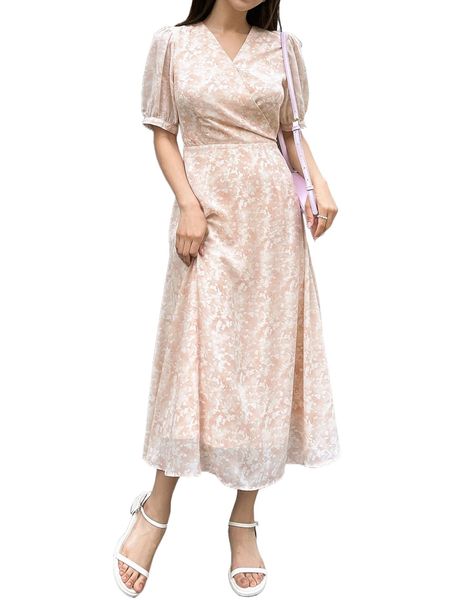 

dazy plant print puff sleeve tie back dress s7sk#, Black;gray