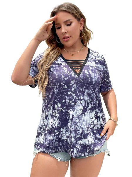 

plus tie dye contrast binding cut out tee 94hh#, Black